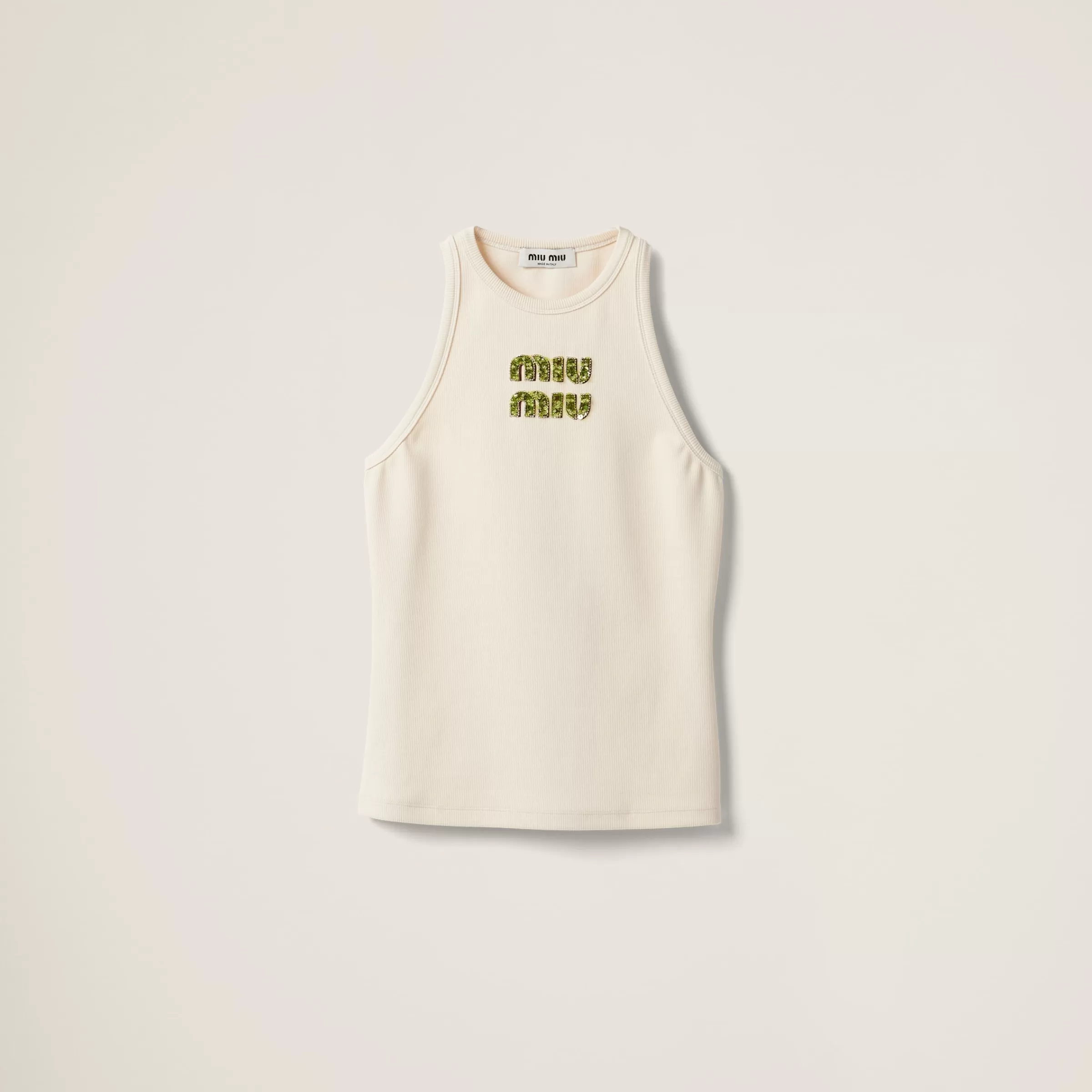 Miu Miu Ribbed Jersey Top With Embroidered Logo |
