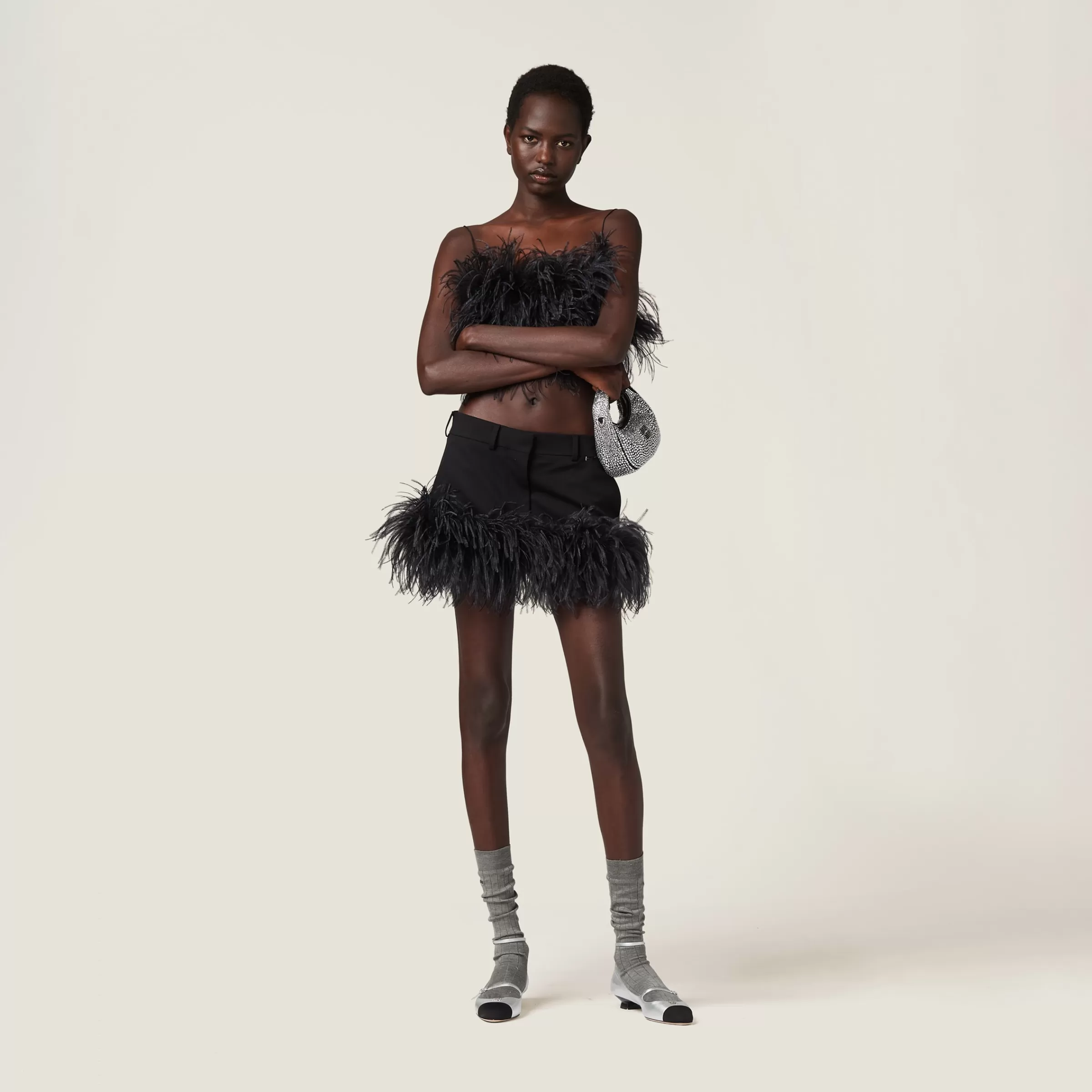 Miu Miu Feather-trimmed Grain De Poudre Miniskirt |