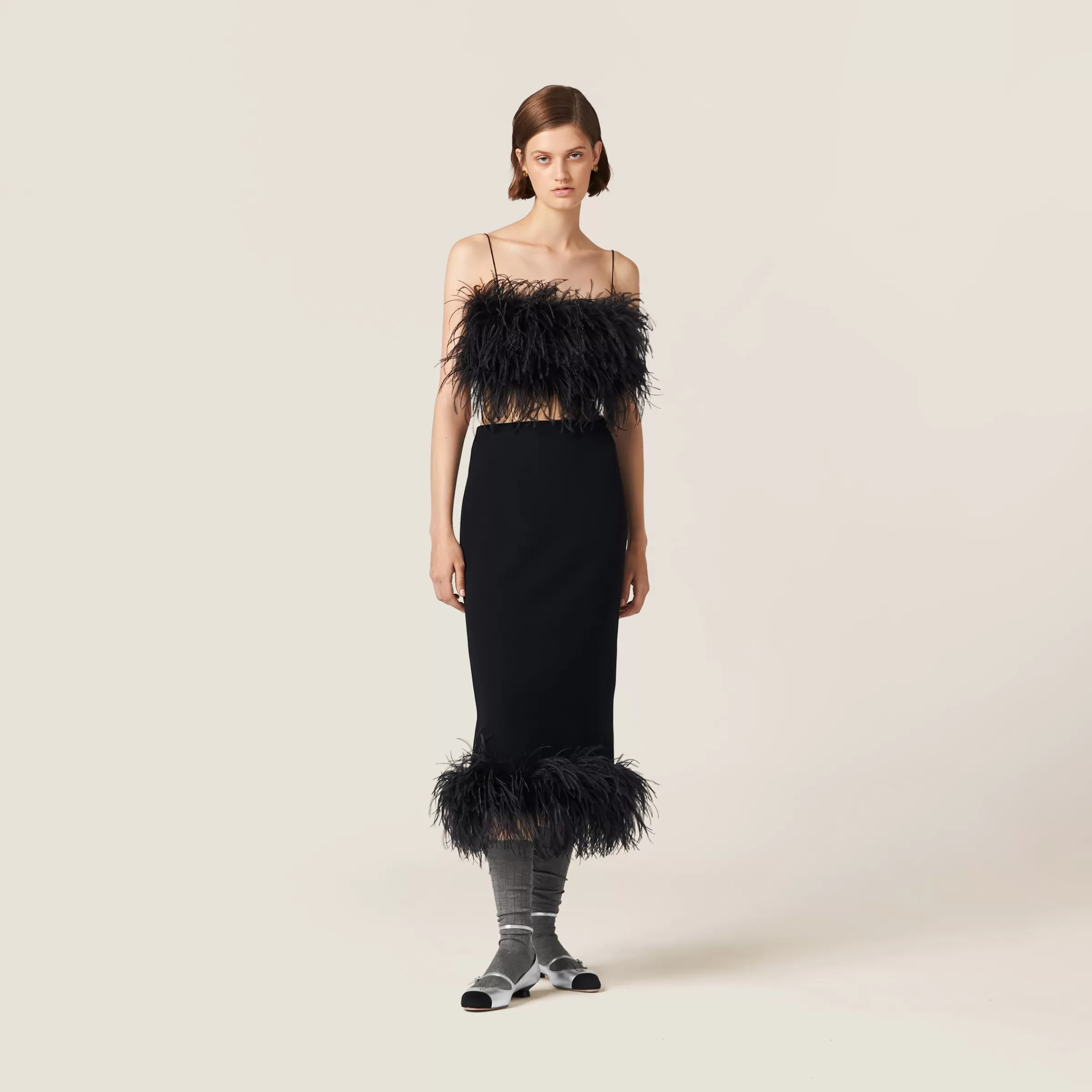 Miu Miu Feather-trimmed Grain De Poudre Top |