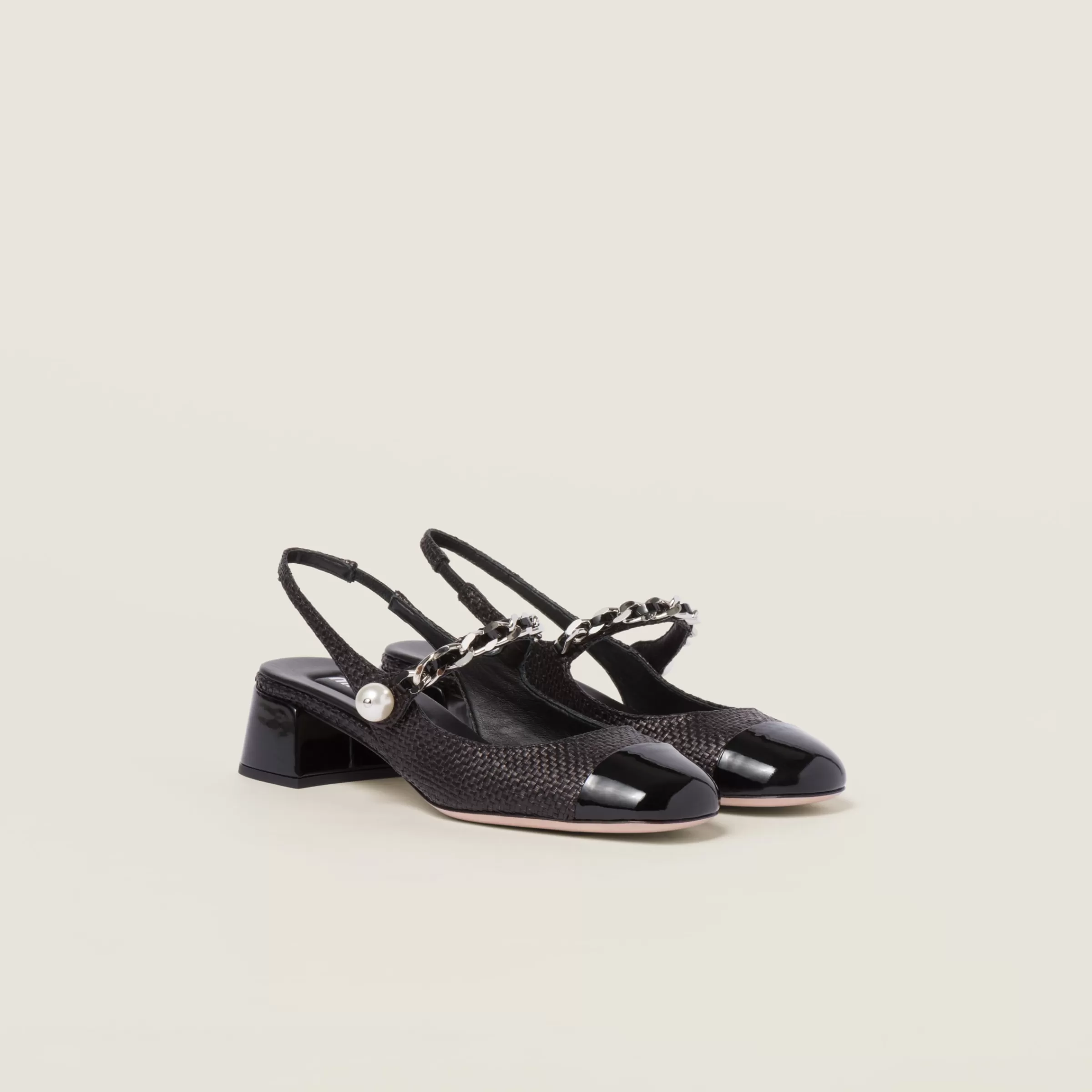 Miu Miu Patent Leather And Raffia Slingback Pumps |