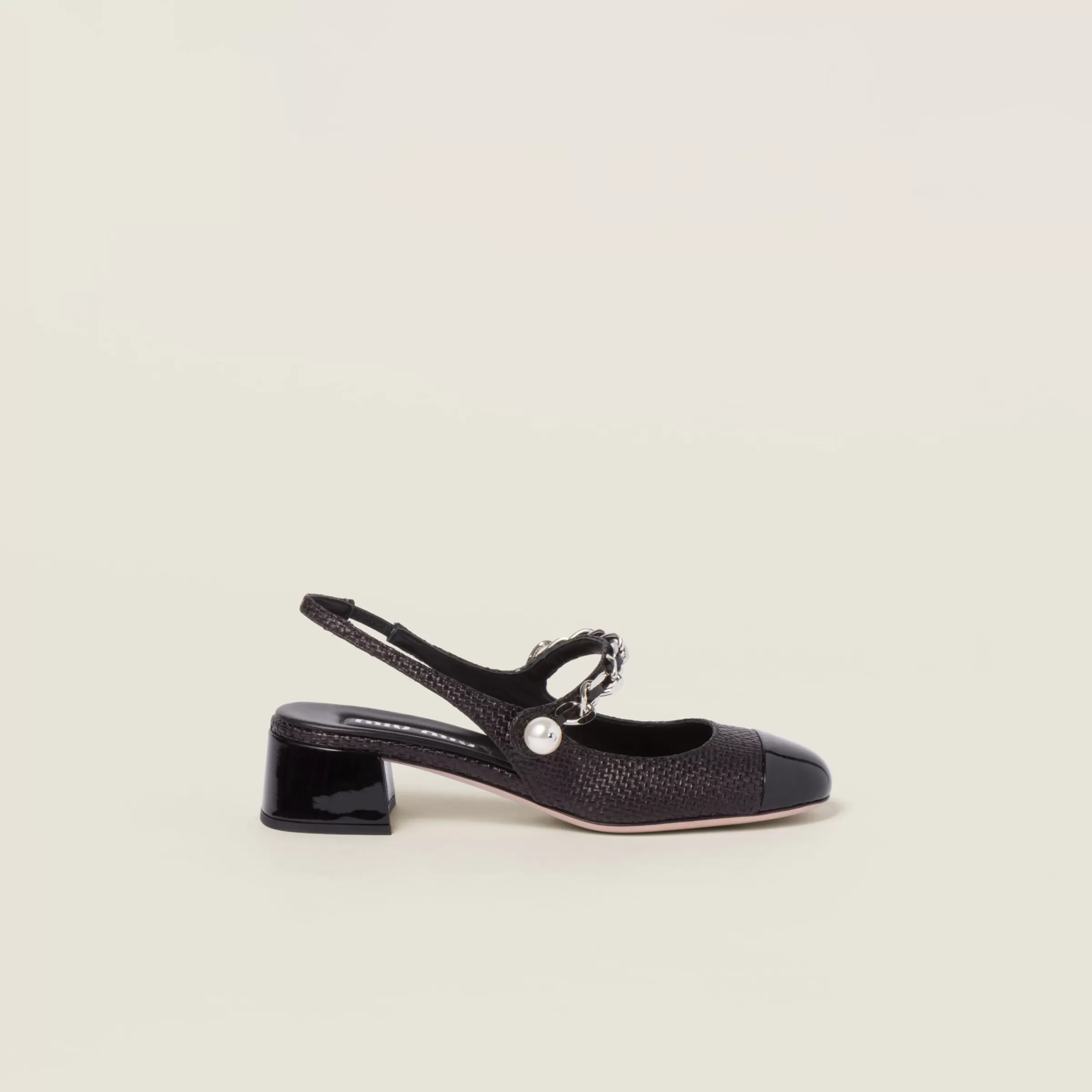Miu Miu Patent Leather And Raffia Slingback Pumps |