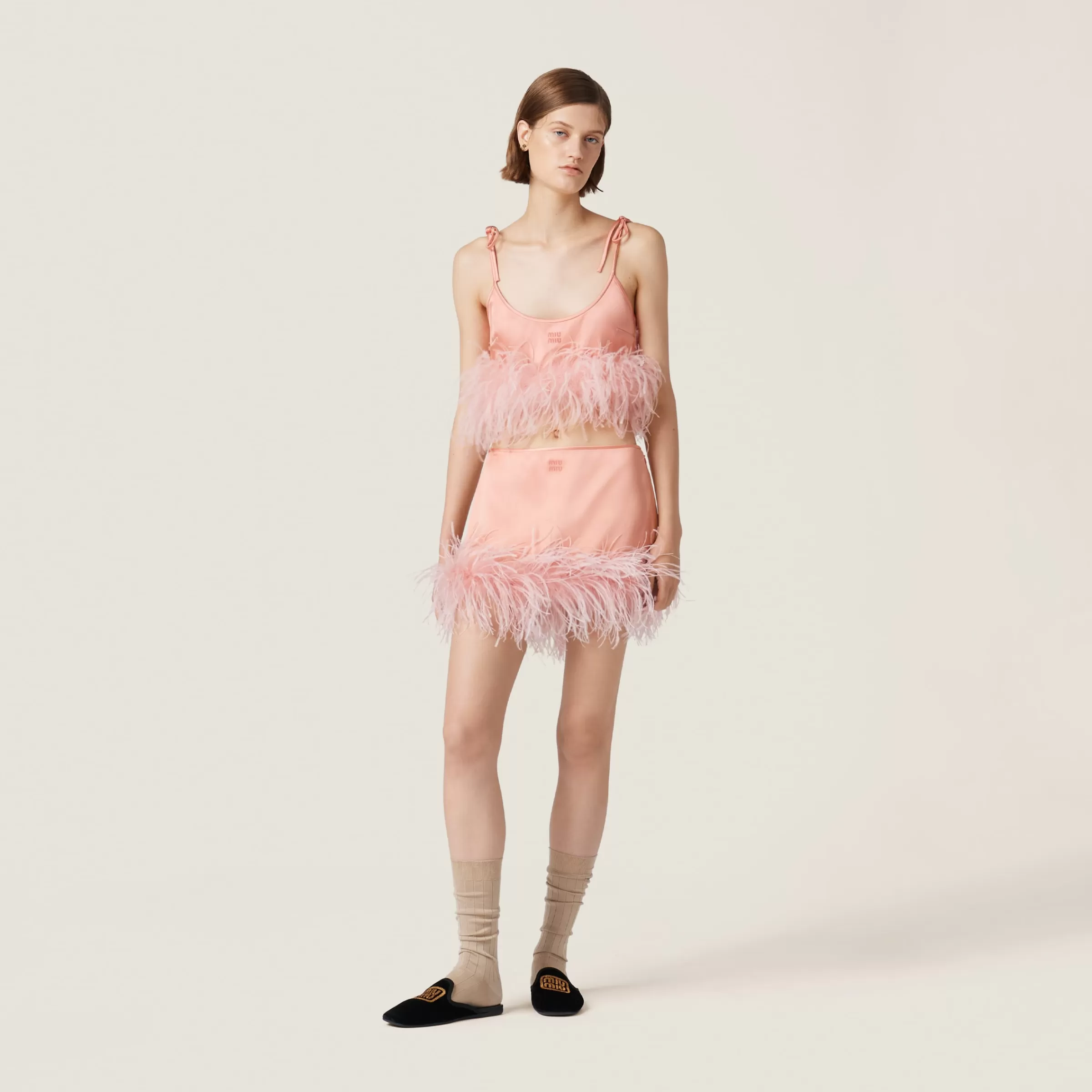 Miu Miu Feather-trimmed Satin Miniskirt |