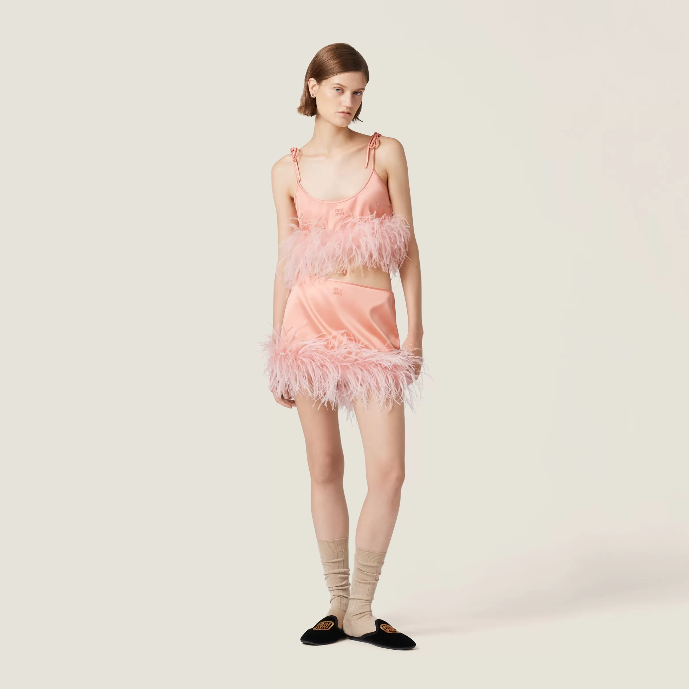 Miu Miu Feather-trimmed Satin Top |