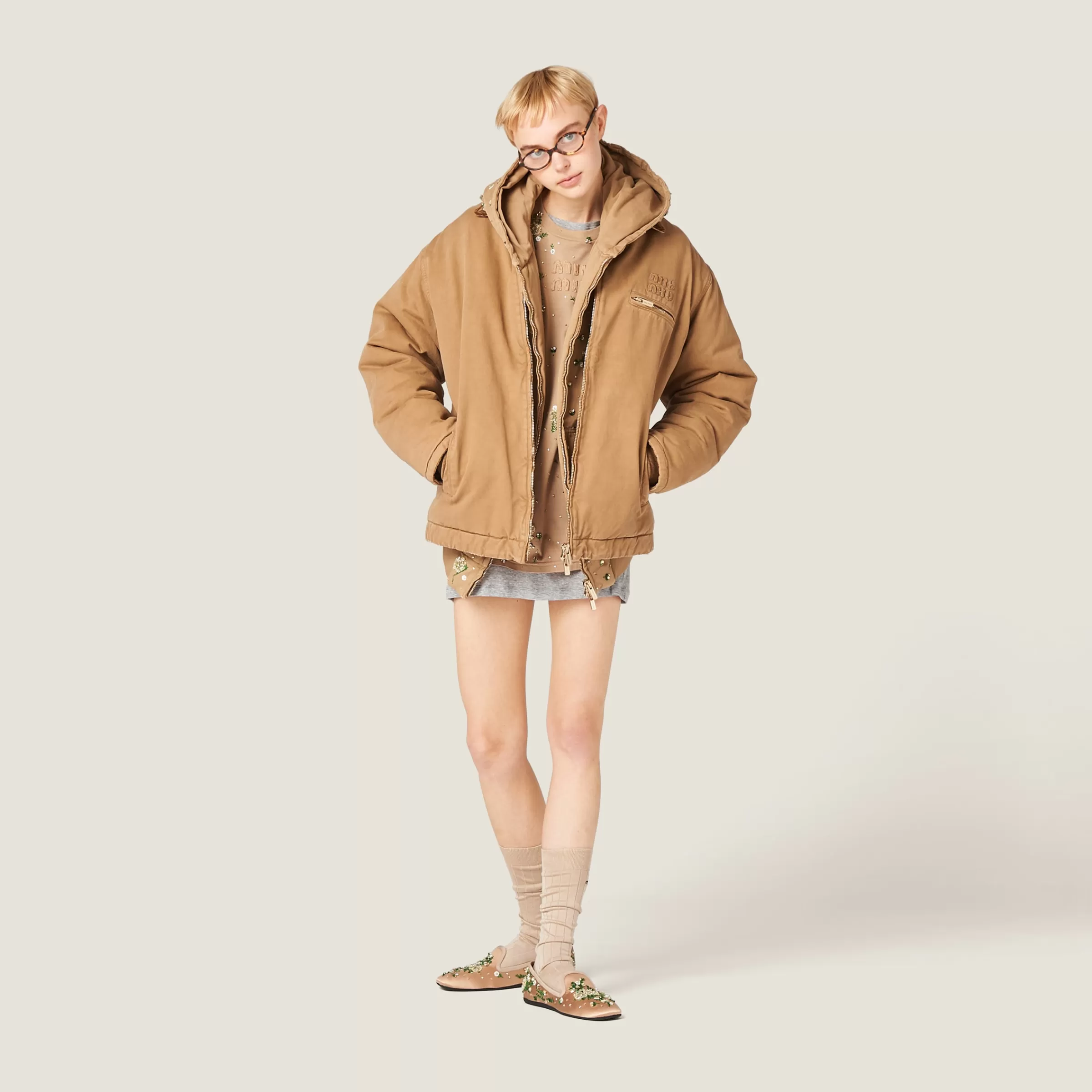 Miu Miu Embroidered Garment-dyed Gabardine Blouson Jacket |