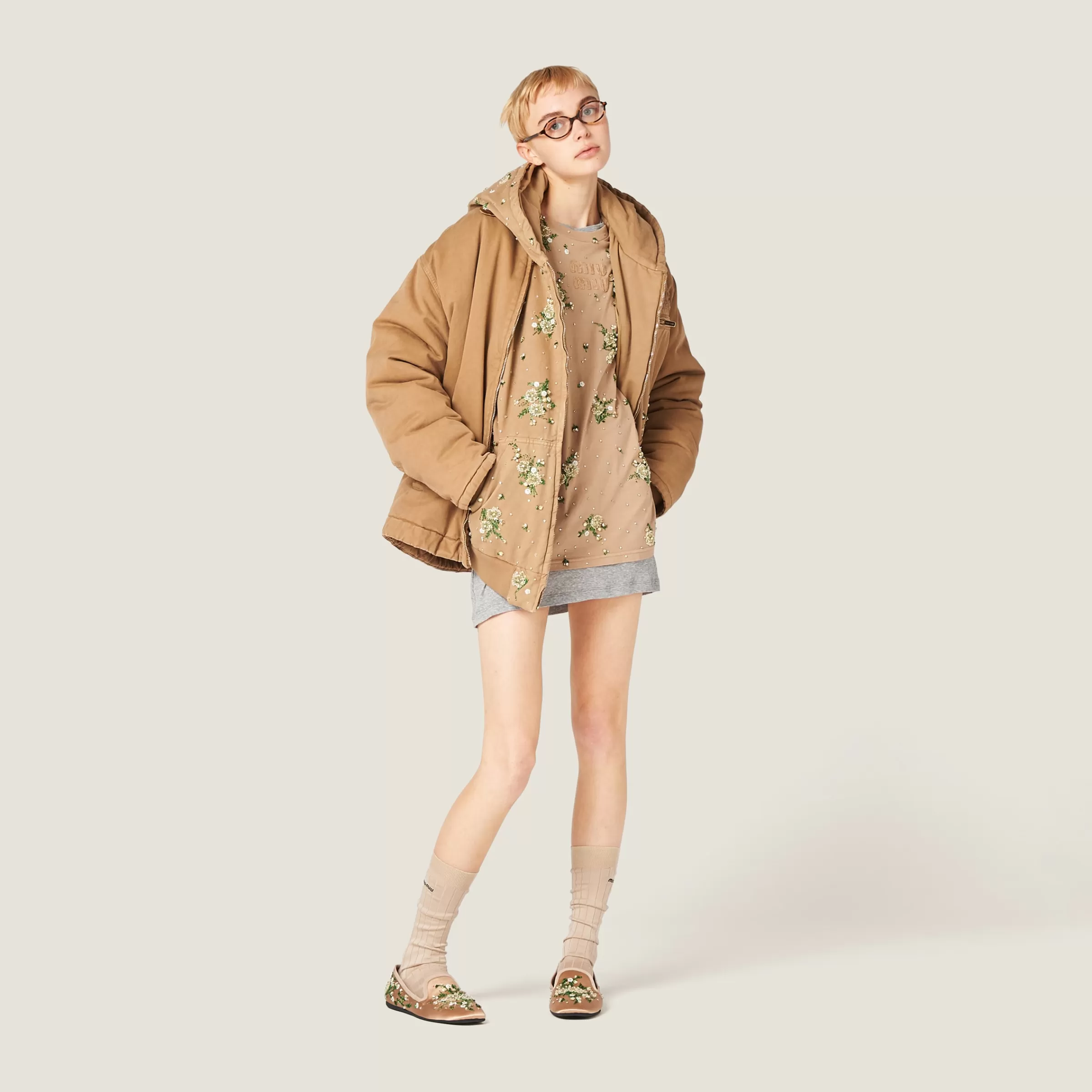 Miu Miu Embroidered Garment-dyed Gabardine Blouson Jacket |