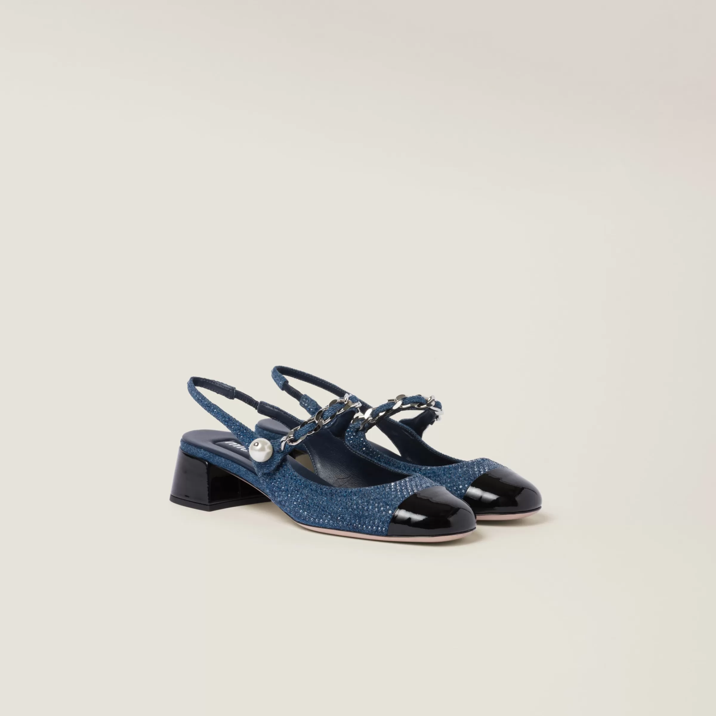 Miu Miu Denim And Patent Leather Slingback Pumps With Artificial Crystals |