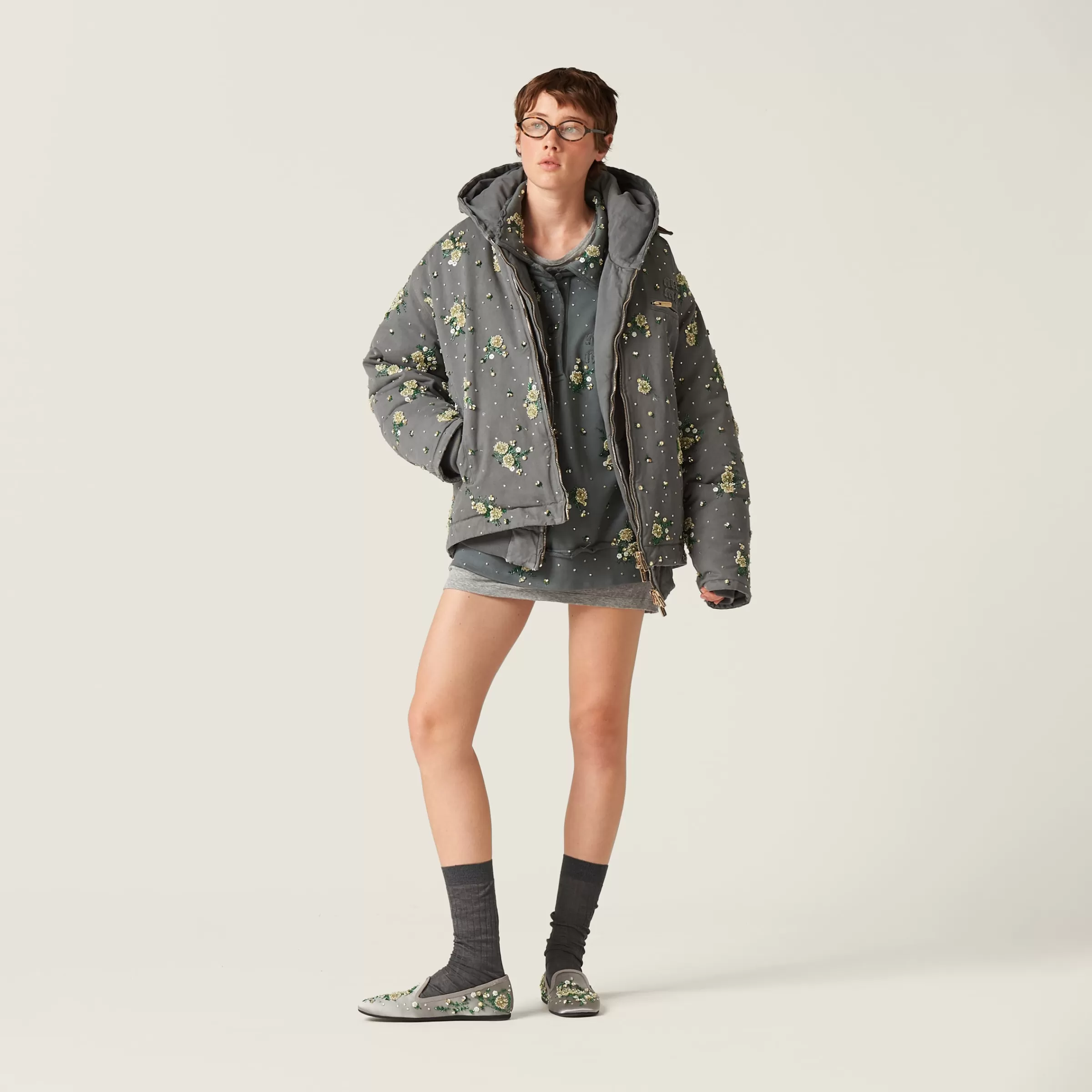 Miu Miu Embroidered Garment-dyed Gabardine Blouson Jacket |