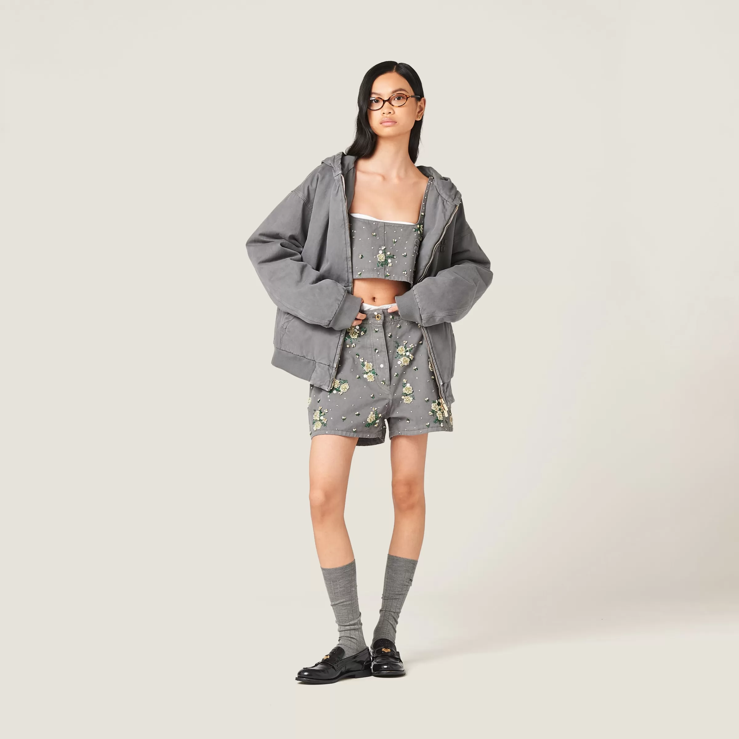 Miu Miu Embroidered Garment-dyed Gabardine Top |