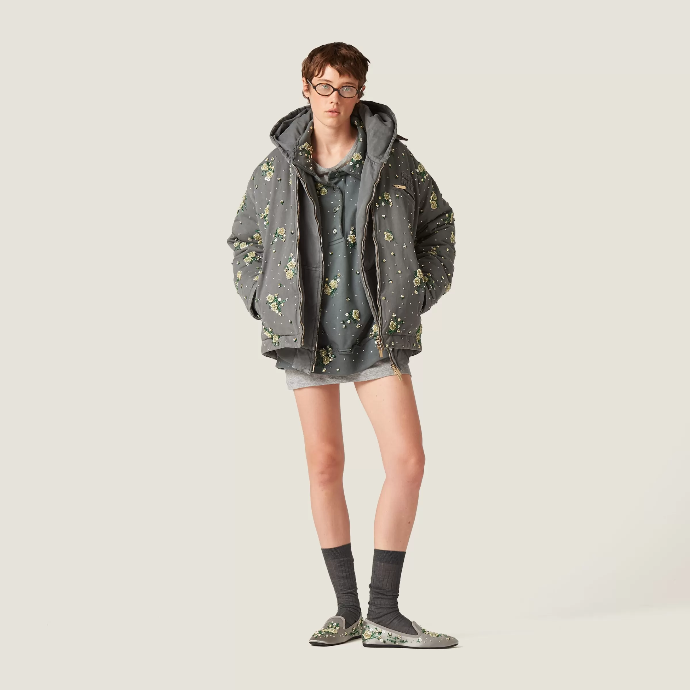 Miu Miu Garment-dyed Blouson Jacket With Embroidered Logo |