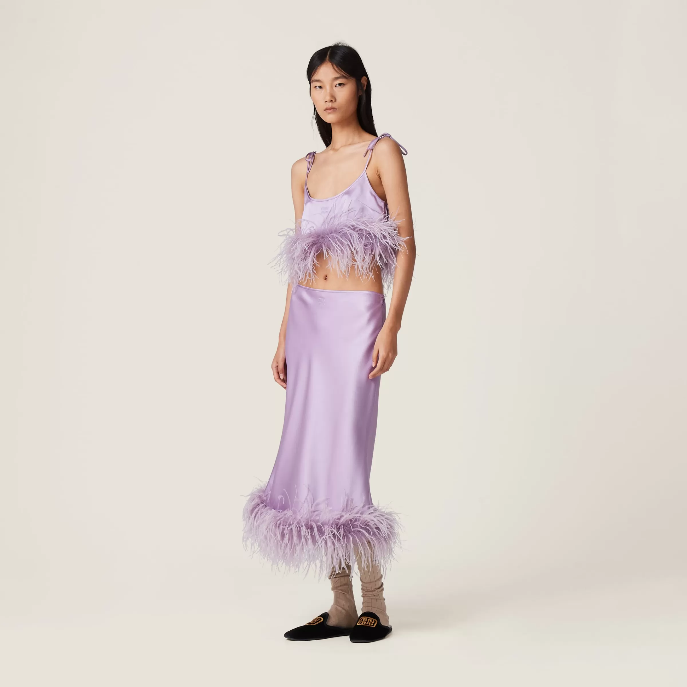 Miu Miu Feather-trimmed Satin Skirt |