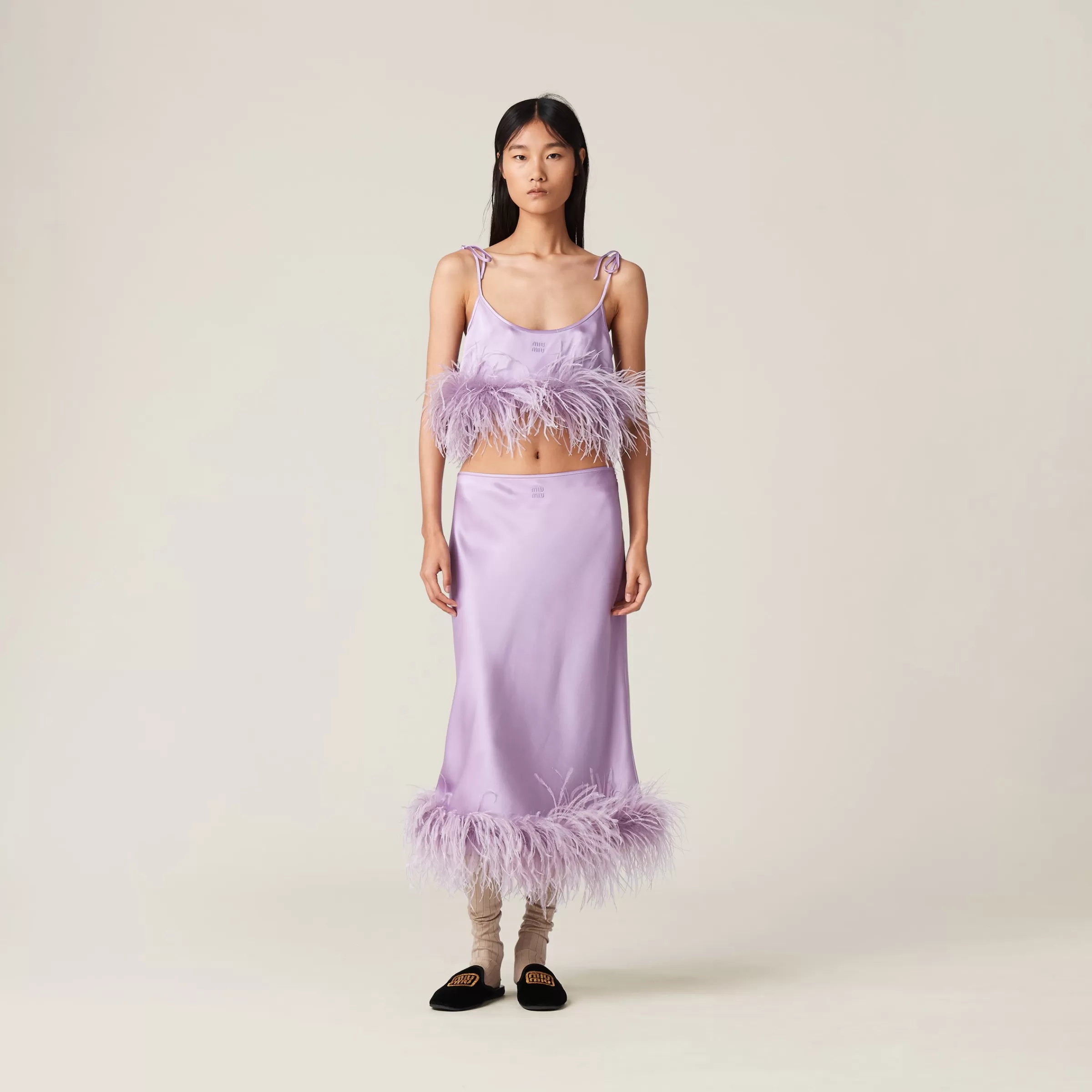 Miu Miu Feather-trimmed Satin Top |
