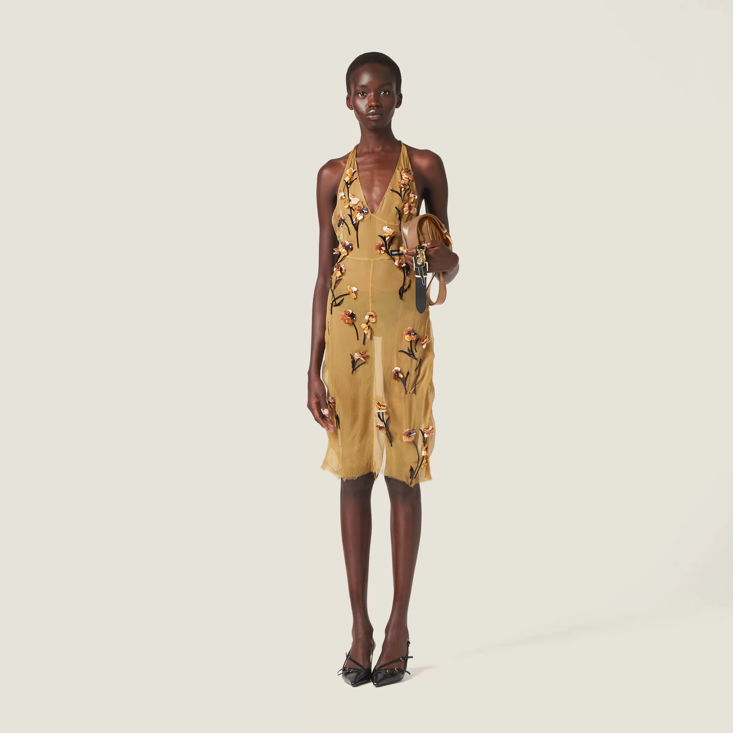Miu Miu Chiffon Dress With Floral Embroidery |