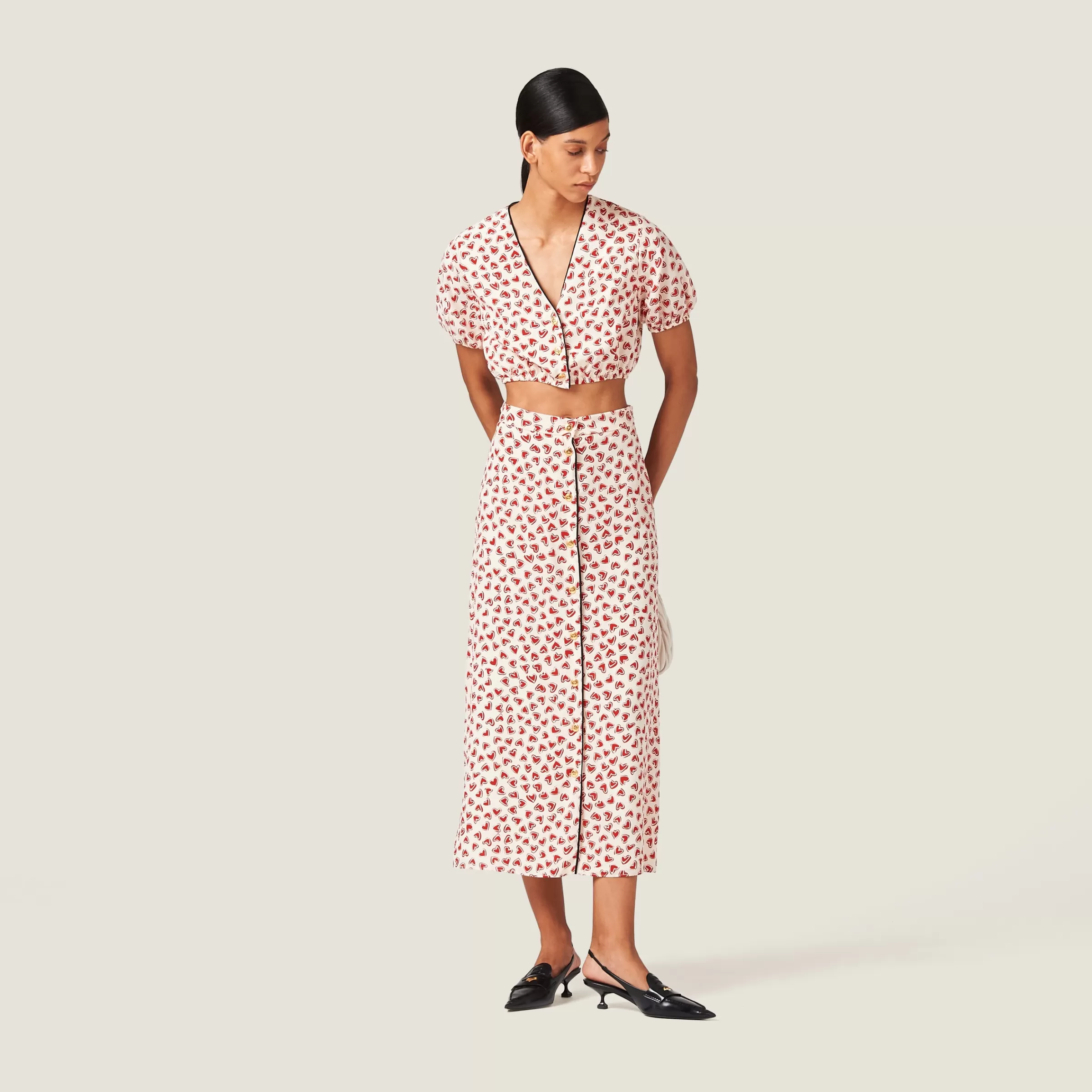 Miu Miu Heart Print Crepe De Chine Skirt |