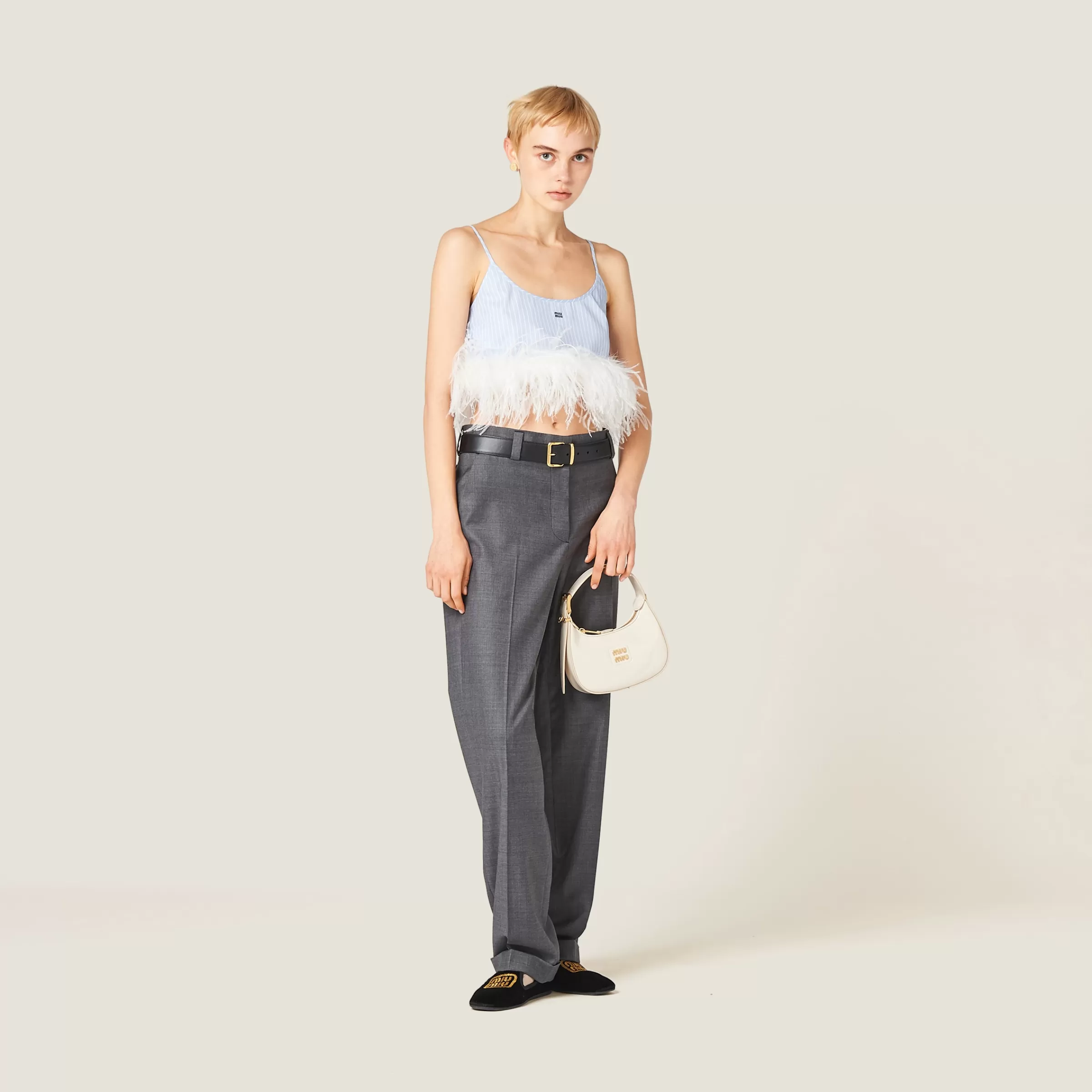 Miu Miu Feather-trimmed Striped Cotton Top |