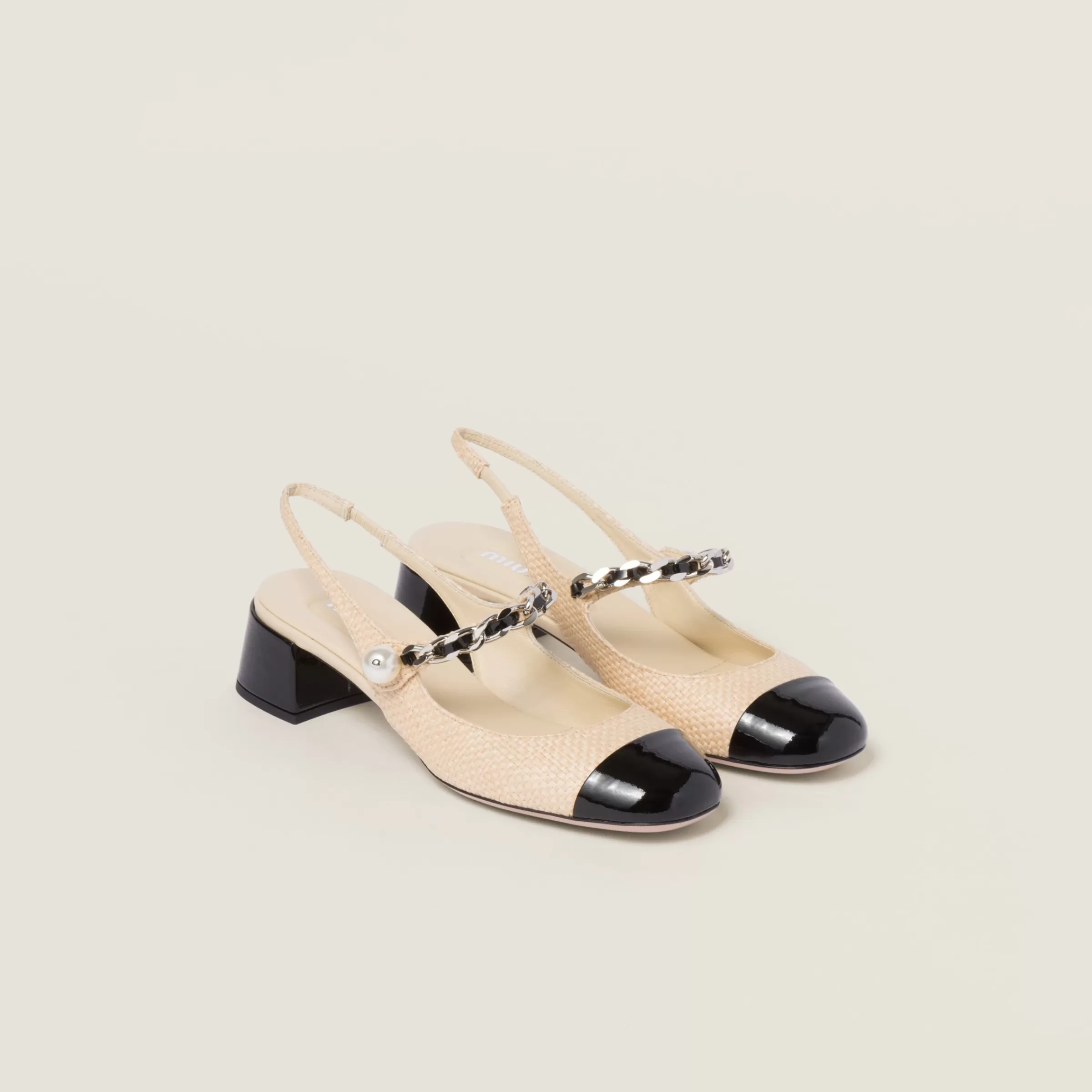 Miu Miu Patent Leather And Raffia Slingback Pumps |