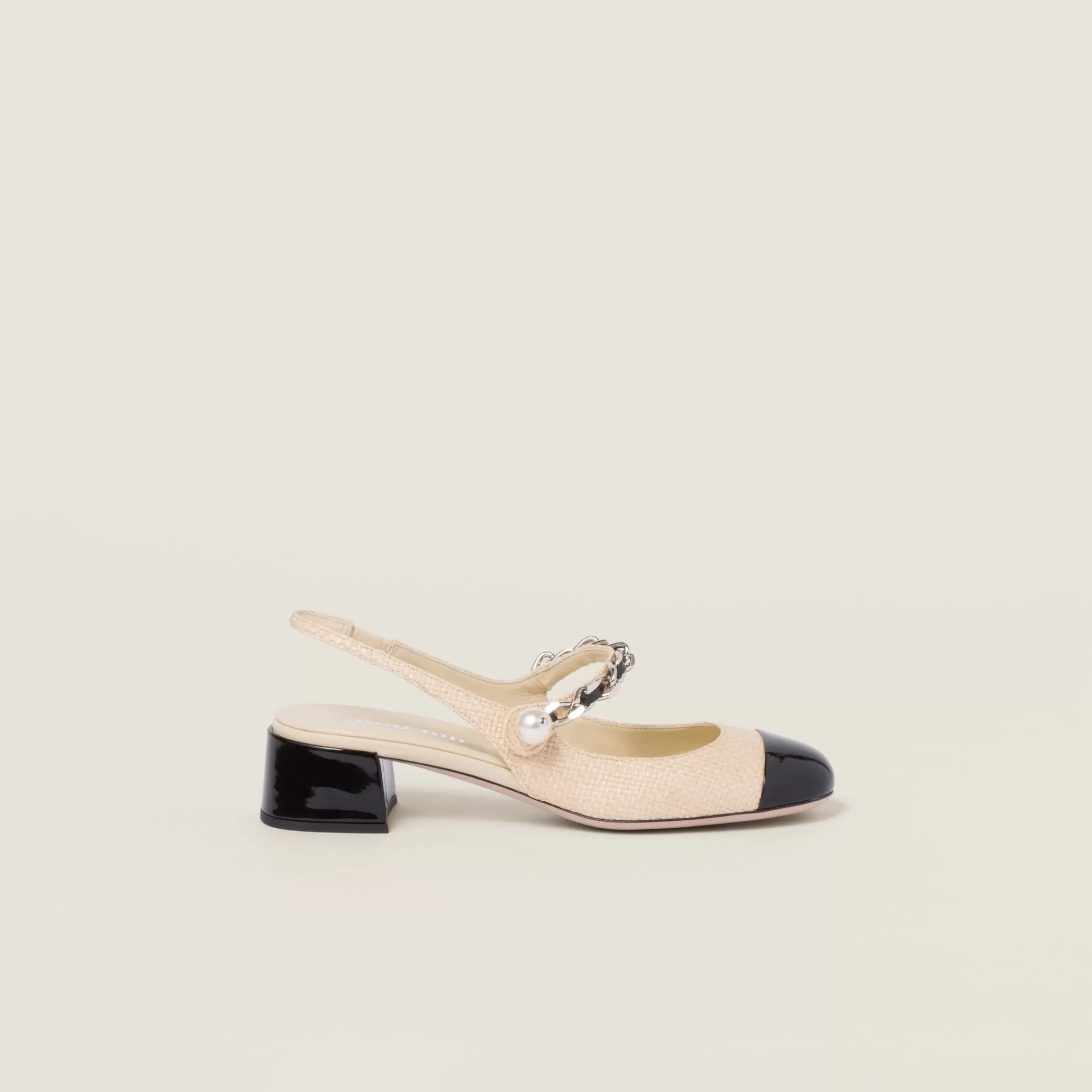 Miu Miu Patent Leather And Raffia Slingback Pumps |
